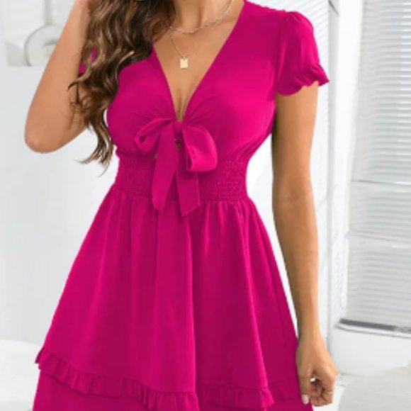 Women's Sold Color Tie Front Crepe Mini Dress - Picture 1 of 5